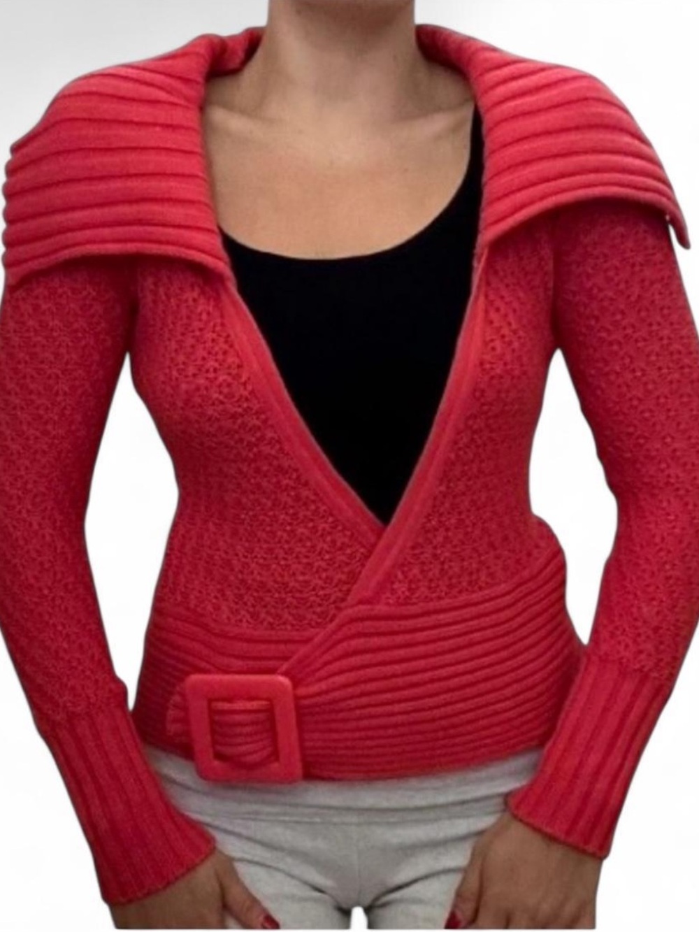 Cache Y2K Coral Open Wrap Knit Cardigan W/Buckle Detail Like New